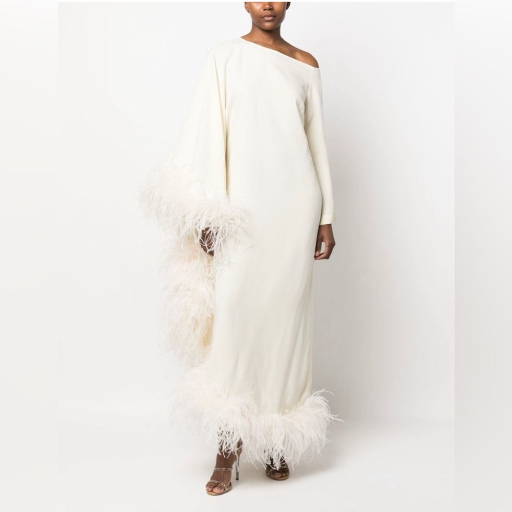 TALLER MARMO Ubud one-shoulder feather-trimmed crepe gown, Size IT 36 (XS)